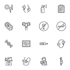 Fototapeta premium Pregnancy and maternity line icons set, outline vector symbol collection, linear style pictogram pack. Signs, logo illustration. Set includes icons as newborn baby, pregnant woman, sperm and ovum