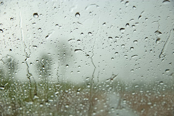 Rain drop on car's glass window.