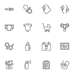 Maternity, motherhood line icons set, outline vector symbol collection, linear style pictogram pack. Signs, logo illustration. Set includes icons as newborn baby, pregnant woman, baby diaper, embryo