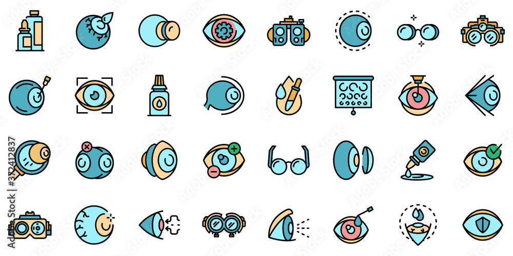 Poster optician icons set. outline set of optician vector icons thin line color flat on white