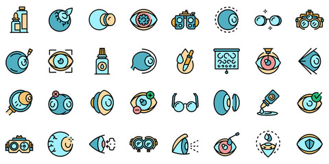 Optician icons set. Outline set of optician vector icons thin line color flat on white