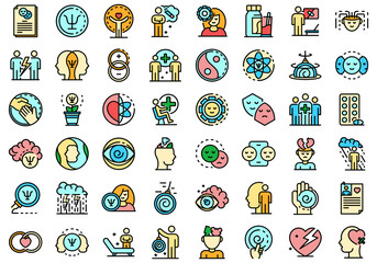 Psychologist icons set. Outline set of psychologist vector icons thin line color flat on white