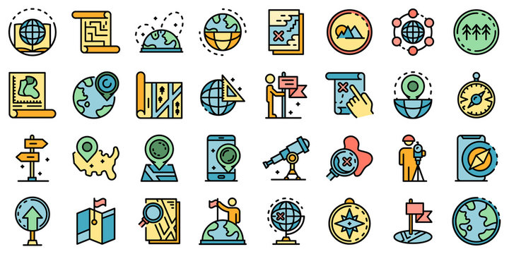Cartographer icons set. Outline set of cartographer vector icons thin line color flat on white