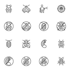 Pest animals line icons set, outline vector symbol collection, linear style pictogram pack. Signs, logo illustration. Set includes icons as termite insect, flea, cockroach, fly, bug, moth