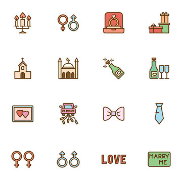 Marriage And Wedding Filled Outline Icons Set, Line Vector Symbol Collection, Linear Colorful Pictogram Pack. Signs, Logo Illustration, Set Includes Icons As Diamond Ring, Gift Box, Just Married Car