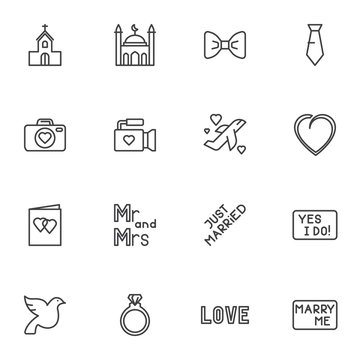 Wedding related line icons set, outline vector symbol collection, linear style pictogram pack. Signs, logo illustration. Set includes icons as church, mosque, heart, love, engagement ring, invitation