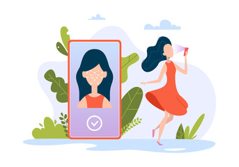 Smartphone face id. Ultraviolet biometrical recognition smart identification of people business technology vector concept illustrations. Identification and verification, scanning safety recognition