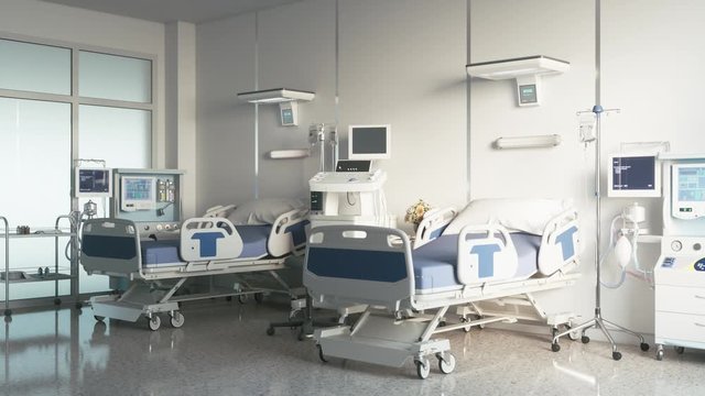Two empty medical beds in the hospital ward. Modern medical ward with equipment