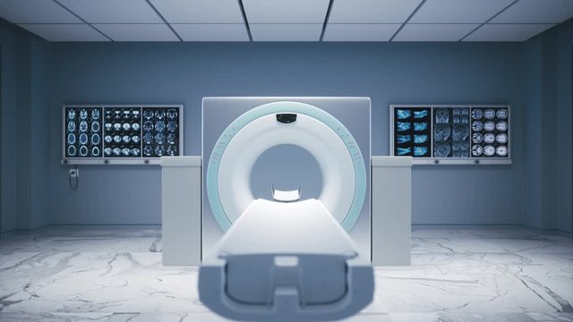 MRI scanner room. Magnetic Resonance Imaging machine. Hospital room with tomograph. The light turning on in medical ward