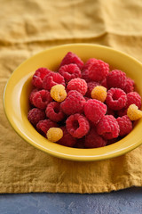 Raspberries in a yellow plate. Copy space.