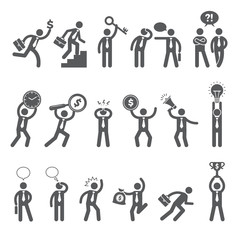 Business figures. Simple stick characters in action poses managers bosses working man business conversation dialogue vector people. Figure pose, posing standing character expression illustration