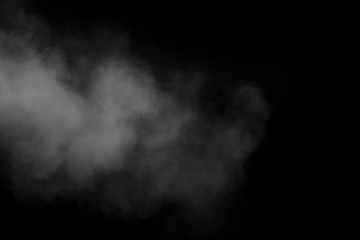 Smoke, steam, vape isolated on black background, looks like a cloud. Abstract background, design element
