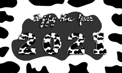 Text 3D 2021 Happy New Year template with cow color pattern  illustration