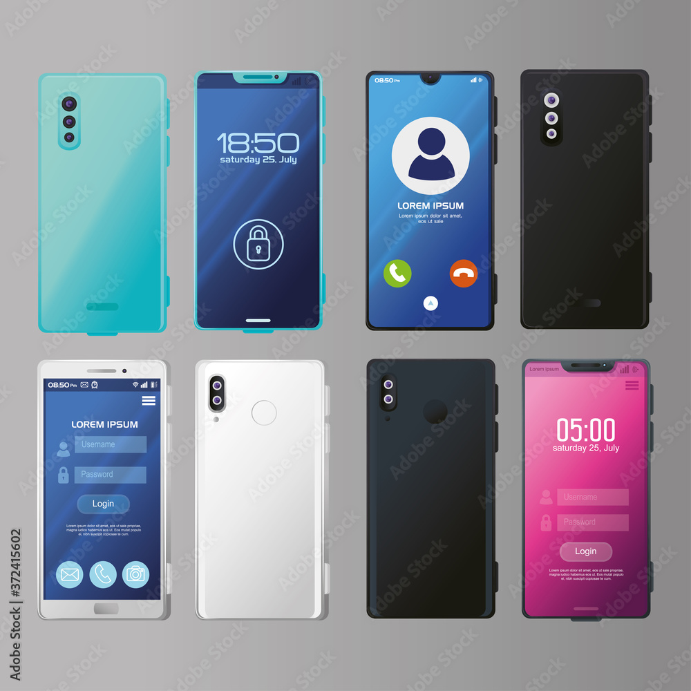 Poster set of realistic smartphones mockup with safety app and call in screen vector illustration design