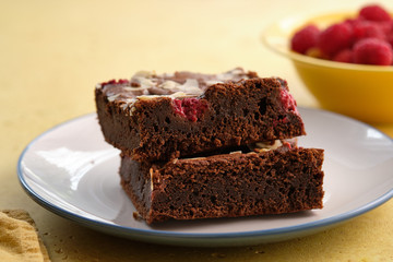 Chocolate cake with raspberry. Brownie with raspberries.