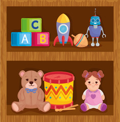 kids toys in wooden shelving vector illustration design