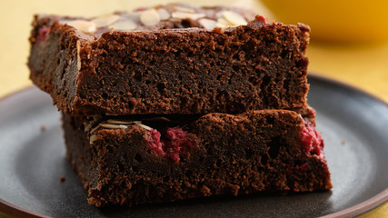Chocolate cake with raspberry. Brownie with raspberries.