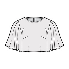 Cropped top technical fashion illustration with flare elbow circle sleeve, oversized, back concealed zip fastening. Flat apparel shirt template front, grey color. Women men unisex blouse CAD mockup