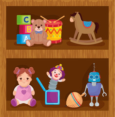 kids toys, on the wooden shelving vector illustration design