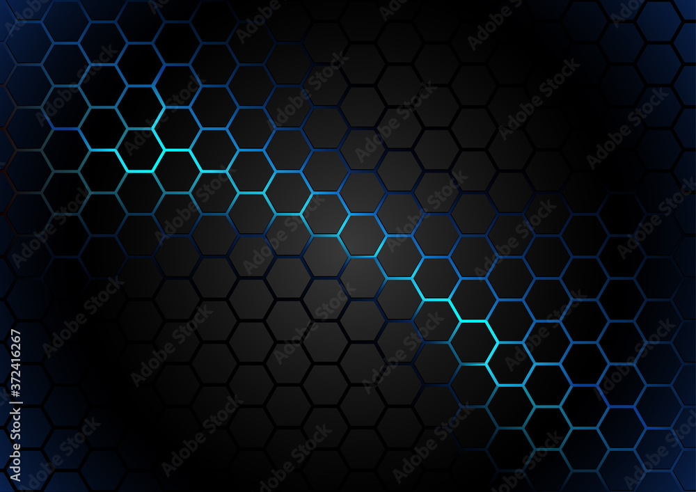Wall mural black hexagonal pattern on blue magma background - abstract illustration with glowing effects, vecto