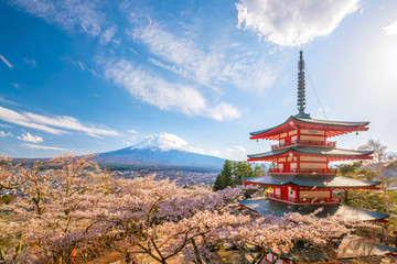 Mountain Fuji and Chureito red pagoda with cherry blossom sakura