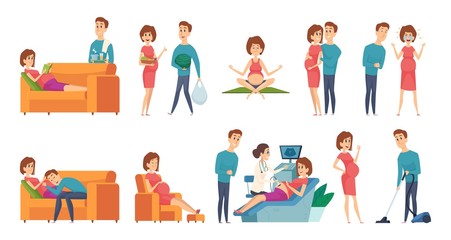 Pregnant woman. Family couple waiting baby. Husband wife daily activities vector illustration. Family pregnant couple, pregnancy period