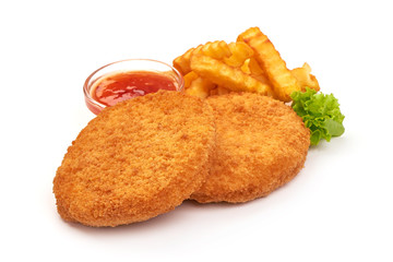 Chicken Cordon bleu in breadcrumbs, isolated on white background