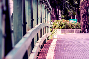 The green iron railing in the park