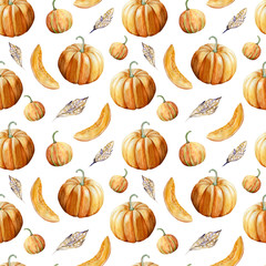 Watercolor hand painted seamless pattern with ripe orange pumpkins and feathers on white background.