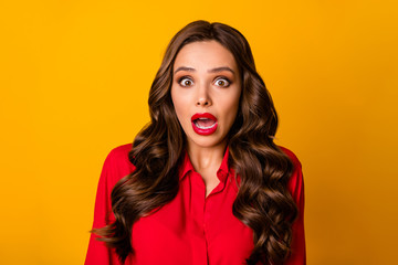 Closeup photo of pretty wavy lady crazy facial expression open mouth listen terrible bad news eyes full fear wear red office shirt isolated bright yellow color background