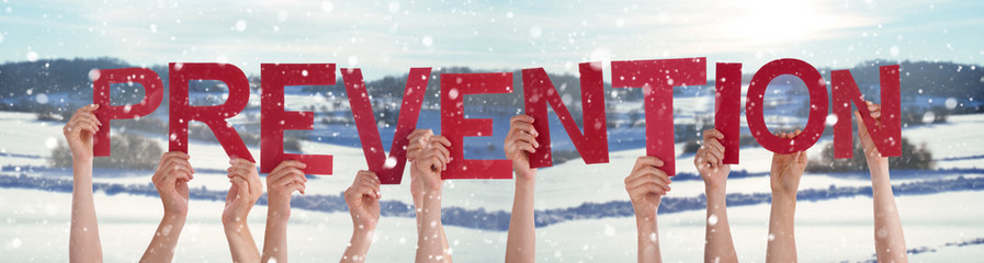 People Hands Holding Word Prevention, Snowy Winter Background