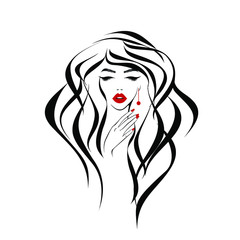 Beautiful sexy face, red lips, hand with red manicure nails, fashion woman, element design, nails studio, curly hairstyle, hair salon sign, icon. Beauty Logo. Vector illustration. Hand drawing style