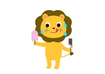暑い日に汗をかきながらおいしそうにアイスクリームを食べるライオンくん