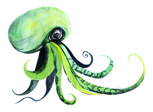 Watercolor image of cute green octopus isolated on white background. Dangerous sea animal with long tentacles. Hand drawn illustration of marine wildlife