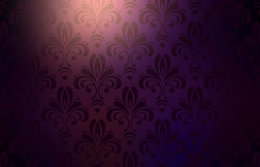 Vintage pattern on dark purple wall. Low light on top. Royal designer background.