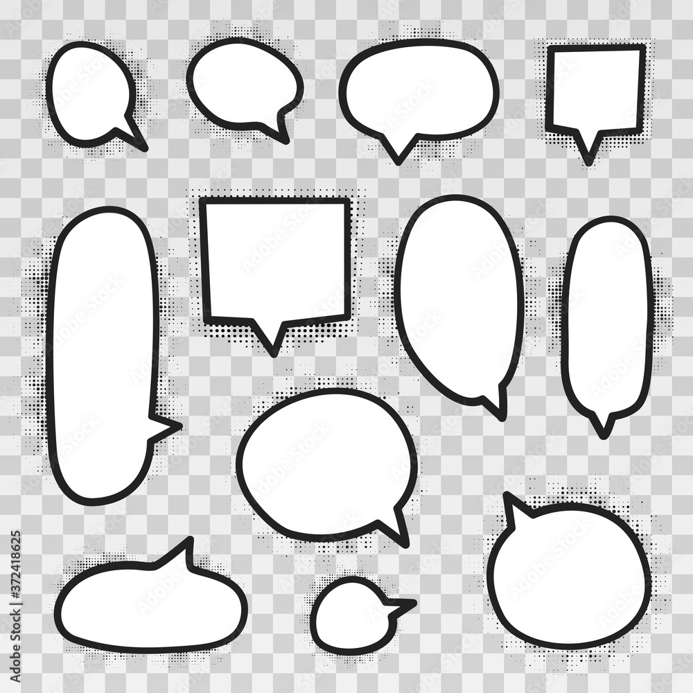 Poster retro empty comic bubbles and elements set with black halftone shadows on transparent background. ve