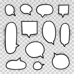 Retro empty comic bubbles and elements set with black halftone shadows on transparent background. Vector illustration, vintage design, pop art style.
