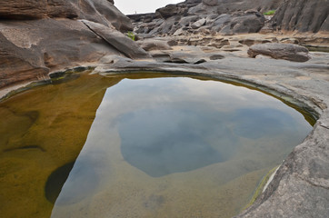 Clear water with stone reflection in the round pond of the canyon