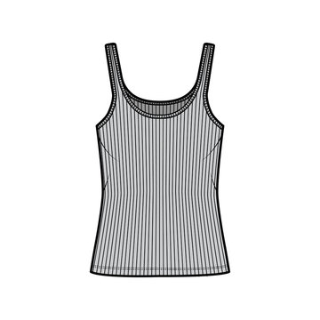 Ribbed cotton-jersey tank technical fashion illustration with scoop neck, relaxed fit knit, tunic length. Flat outwear camisole apparel template front grey color. Women men unisex shirt top CAD mockup