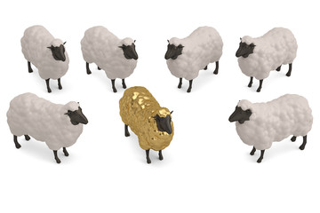 Golden sheep Isolated On White Background, 3D render. 3D illustration.