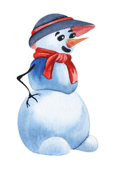 Watercolor image of cute snowman with branched arms isolated on white background. Hand drawn illustration of cartoon winter character in red scarf and bright odd hat
