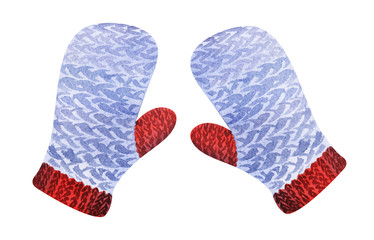 Watercolor image of knitted patterned mittens of blue color with red big fingers and border. Hand drawn illustration of winter accessories isolated on white background. Symbol of warmth and cosiness