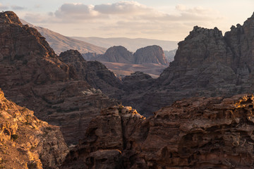 Beautiful evening sunset over Wadi Musa valley in Petra ruin and ancient city of Nabatean kingdom, Jordan, Arab