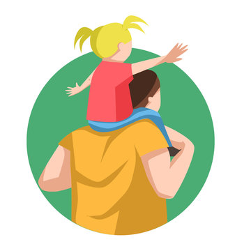 Father is the day. the girl is sitting on her father is back. Happy family, view from the back. Flat vector illustration on a white isolated background. Stock image for a postcard or banner