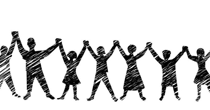 People together demonstrate solidarity, holding hands in scribble design. 2d, micro animation, cartoon, illustration, clip art, vector. Web page sign in black and white. Alpha channel. Time lapse.