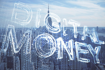 Double exposure of crypto currency theme hologram drawing and city veiw background. Concept of blockchain and bitcoin.