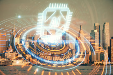 Data theme hologram drawing on city view with skyscrapers background double exposure. Technology concept.