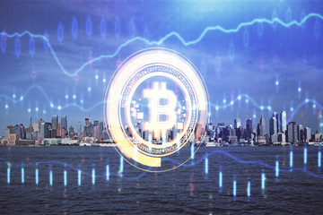 Double exposure of crypto currency theme hologram drawing and city veiw background. Concept of...