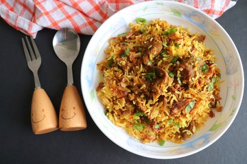 Mutton Biryani or Lamb Pulao. Garnished with fried onion & chopped coriander. Biryani is a famous...