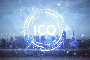 Double exposure of crypto currency theme hologram drawing and city veiw background. Concept of...